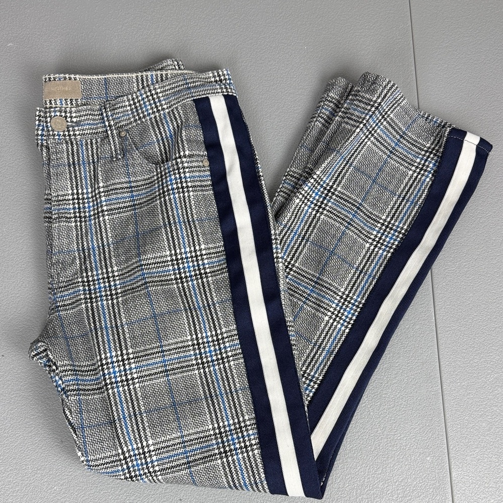 MOTHER Plaid Ankle Crop Jeans with Navy & White Side Stripe